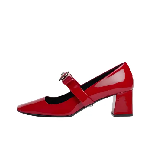 VERSACE Gianni Ribbon Chunky Heel High Heels 5.5cm Women's Red