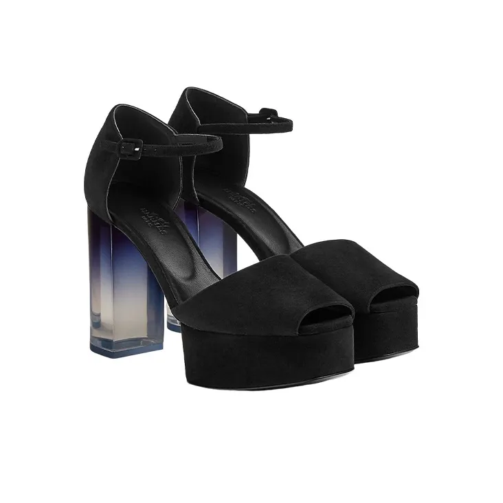 HERMES Fever 70 Chunky Heel Strap Sandals Women's Black-2