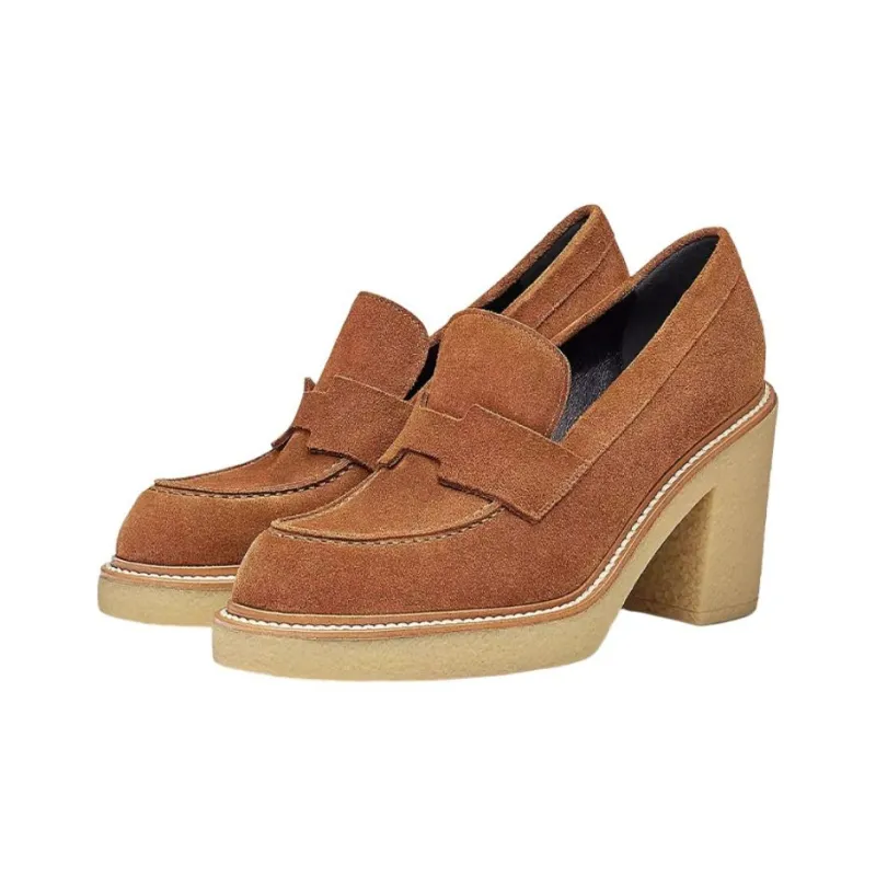 HERMES Didi-70 Chunky Heel High Heels 7cm Women's Brown-2