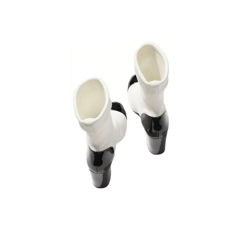 CHANEL Cc 80mm Ankle Boots White Black Knit Women's-2