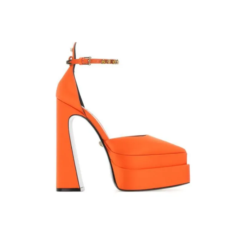 VERSACE Medusa Aevitas 155mm Platform Pumps Neon Orange Satin-1