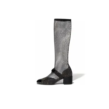 CHANEL Resille 55mm Knee High Mary Janes Black Crystal Patent Calfskin Women's