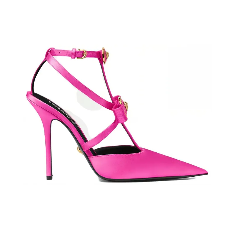 VERSACE GIANNI RIBBON Slim Heel High Heels 11cm Women's Rose Red-1