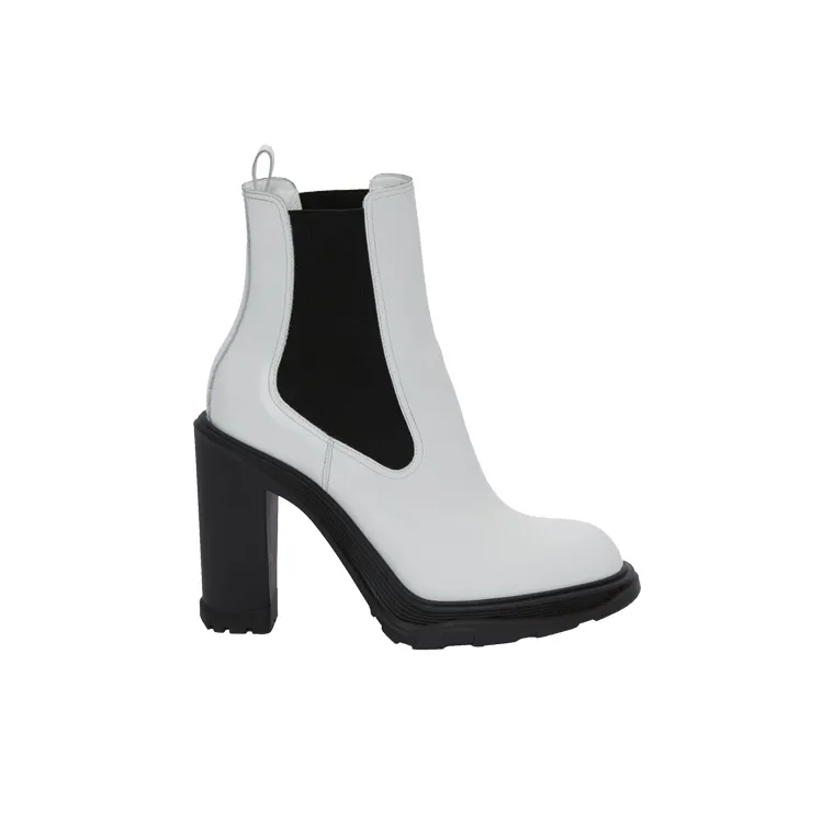 Alexander McQueen Leather Heeled Chelsea Boot Ivory Black Women's-1