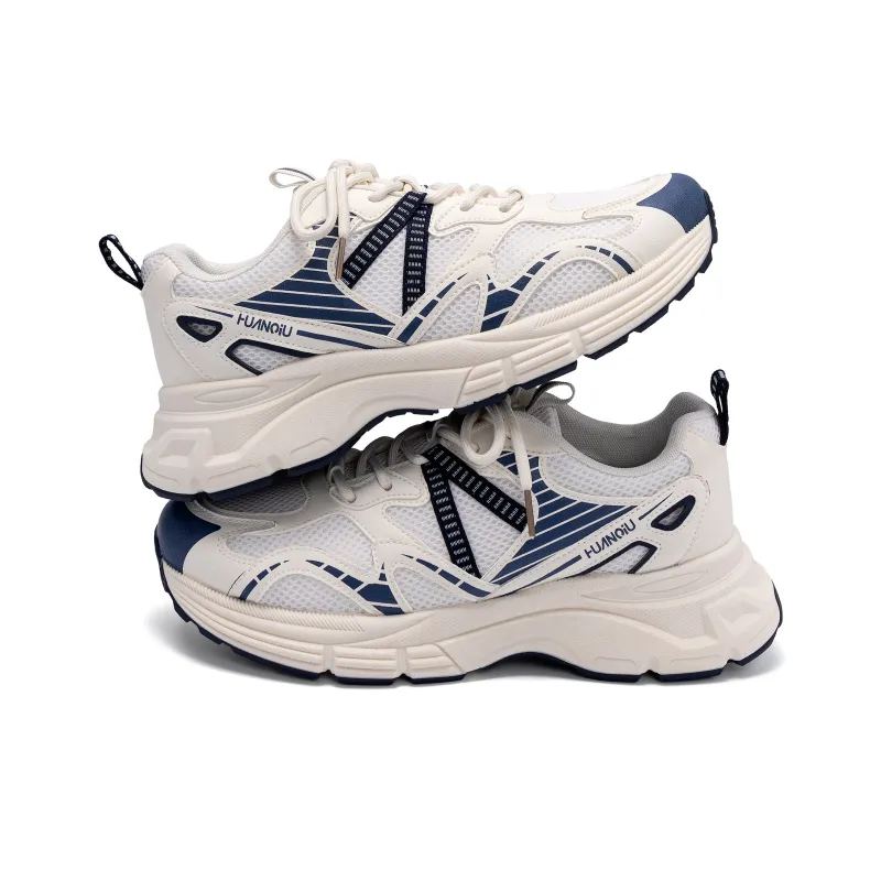 HUANQIU Height Increasing Anti Slip And Wear Resistant Low Top Chunky Sneakers Men's White Beige Blue-4