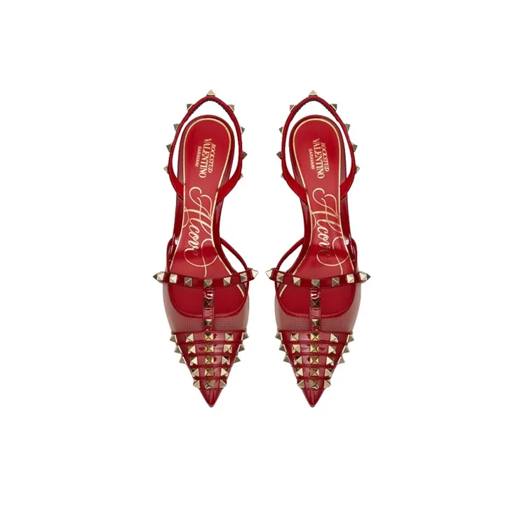 Valentino Rockstud Slim Heel High Heels Women's Red-3