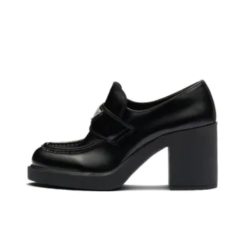 PRADA Chocolate High Heeled 85mm Loafers Black Brushed Leather Women's