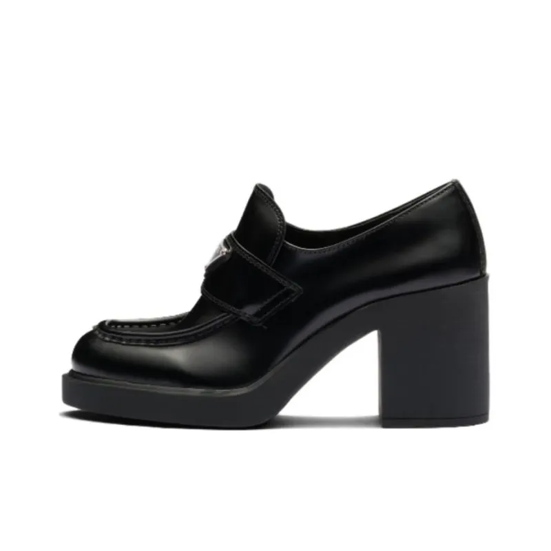 PRADA Chocolate High Heeled 85mm Loafers Black Brushed Leather Women's-0