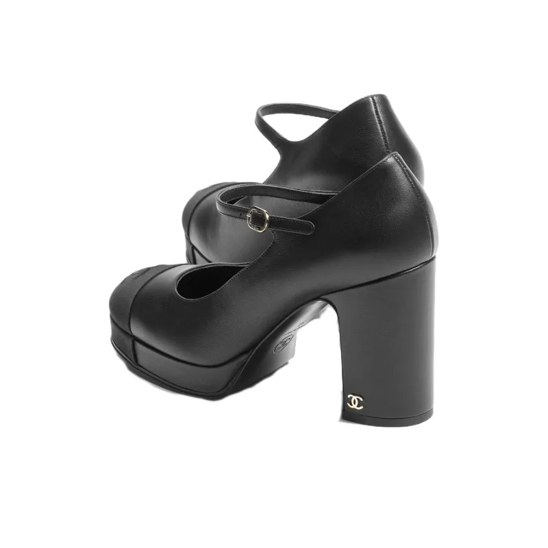 CHANEL Chunky Heel High Heels 9.5cm Women's Black-3