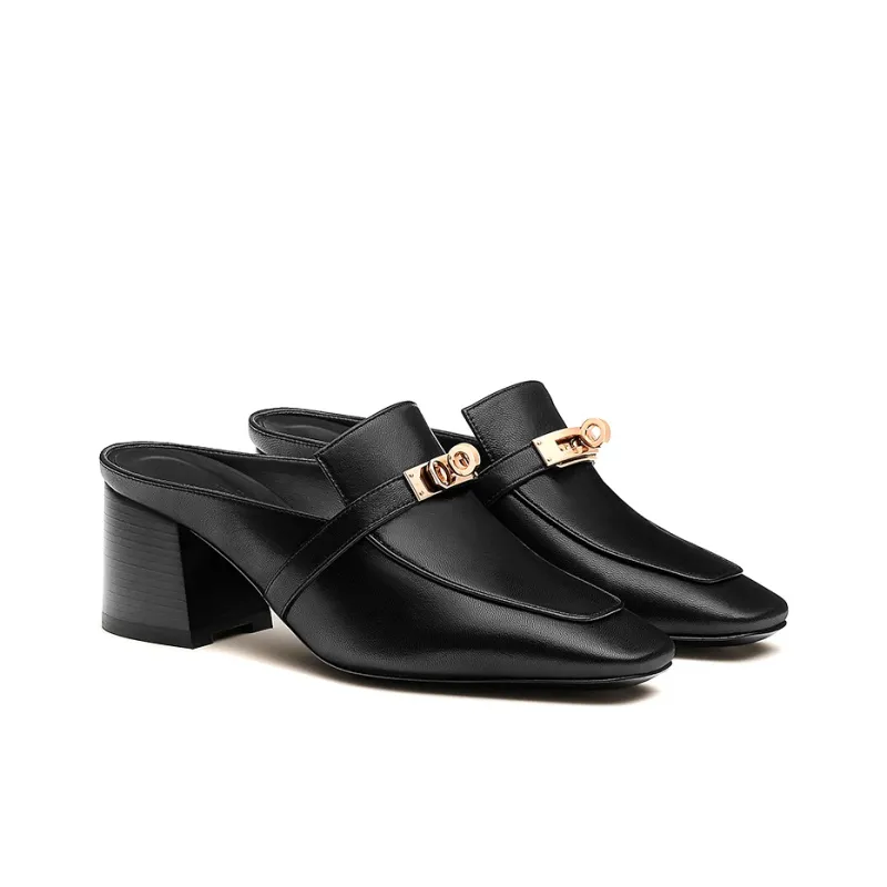 HERMES Blossom Block Heel High Heels 6cm Women's Black-2