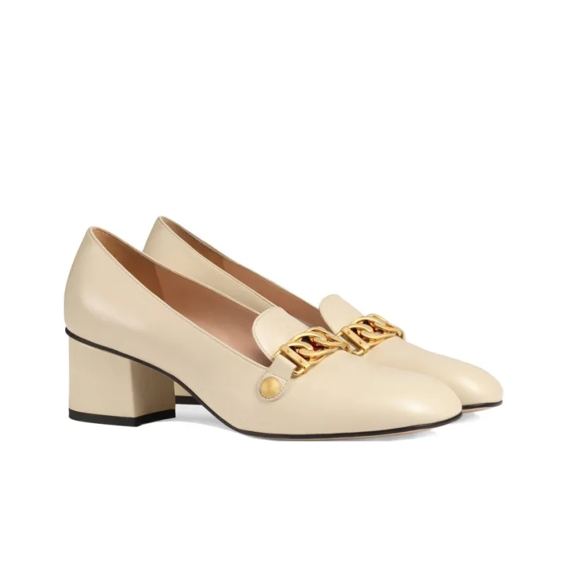 GUCCI Sylvie Block Heel High Heels Women's Beige-2
