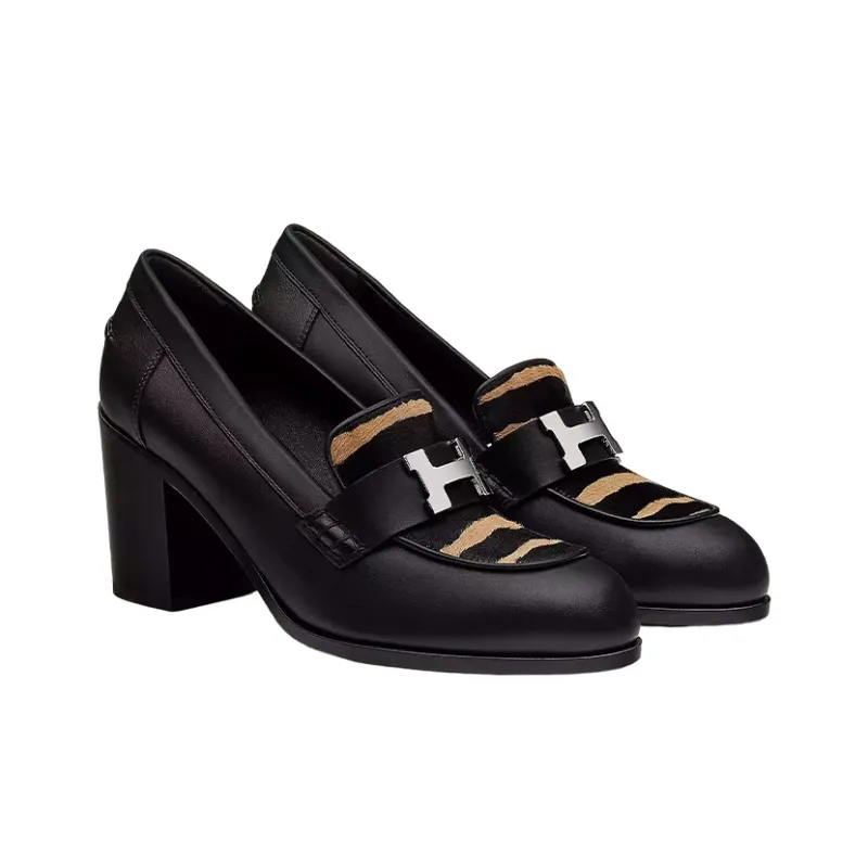 HERMES Dauphine 70 Chunky Heel High Heels 7cm Women's Black Brown-3