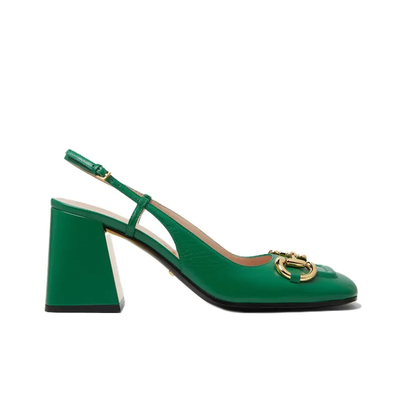 GUCCI Horsebit 75mm Heeled Slingback Bright Green Leather-1