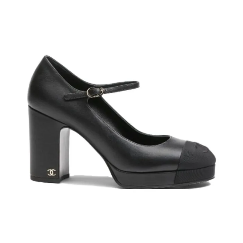 CHANEL Chunky Heel High Heels 9.5cm Women's Black-1