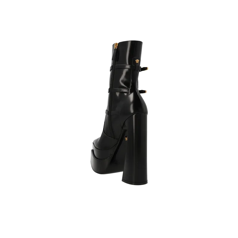 VERSACE Medusa Aevitas 165mm Pointy Platform Booties Black Patent Leather-3