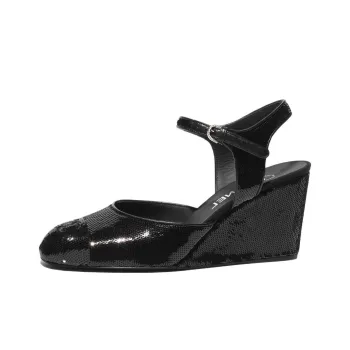 CHANEL 25C Spring Vacation Collection Wedge Heel High Heels 7.5cm Women's Black