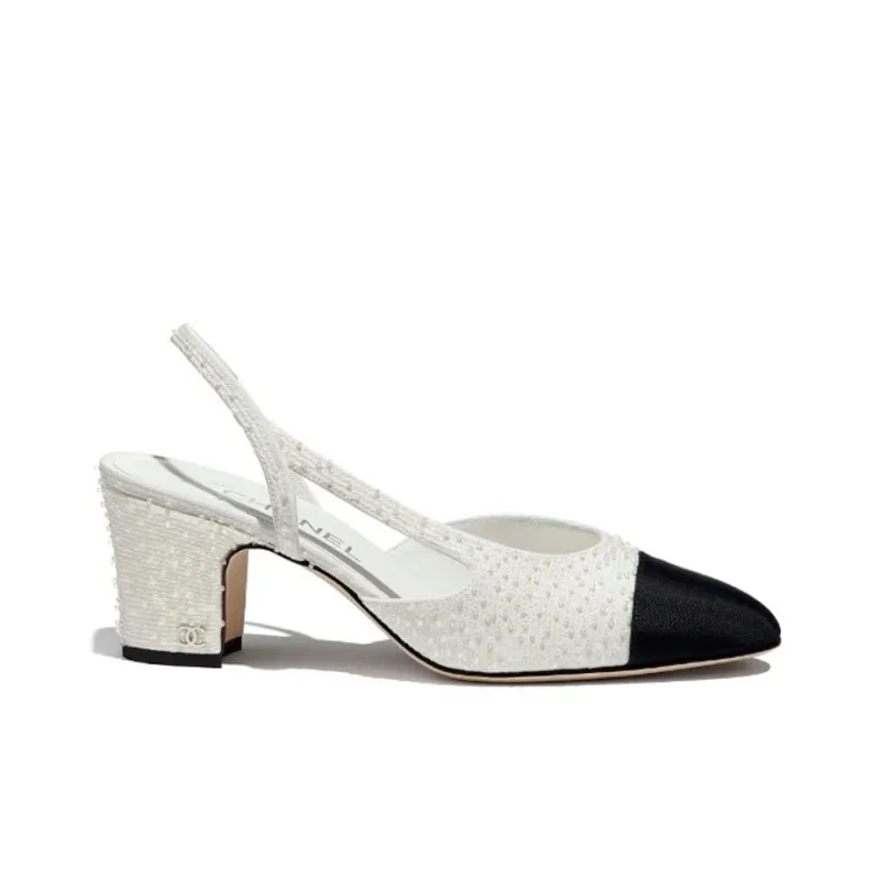 CHANEL Chunky Heel Stylish Sandal Women's White Black-1