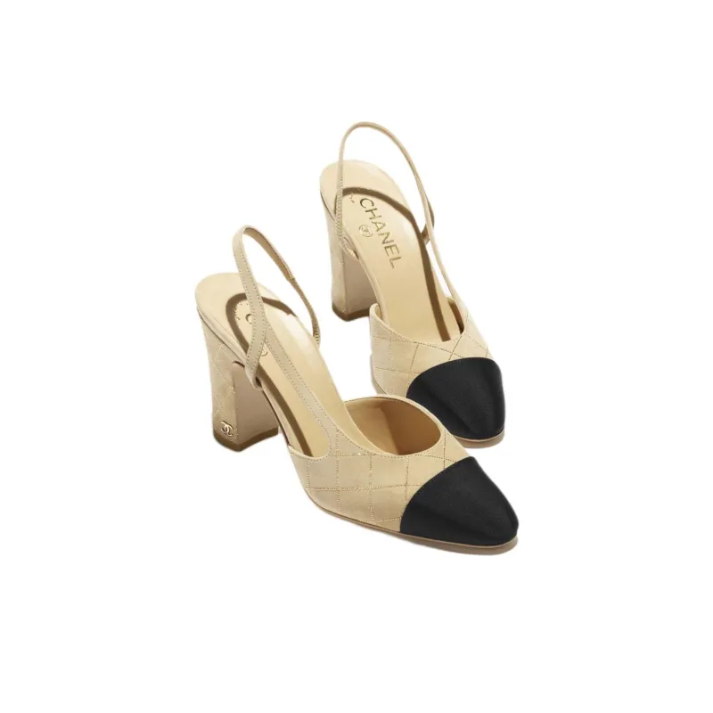 CHANEL Chunky Heel High Heels 9cm Women's Beige-2