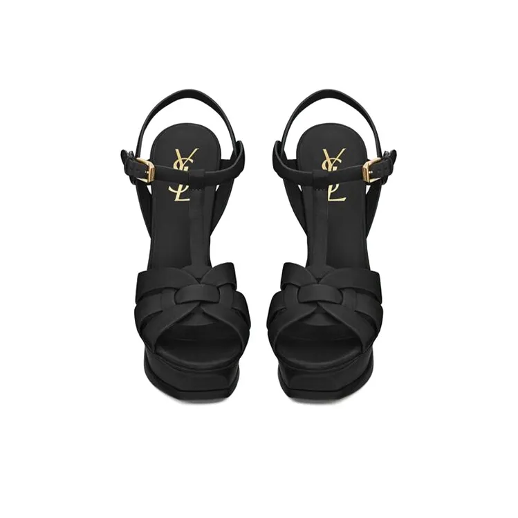 SAINT LAURENT Tribute Platform Sandal Heels Black Leather Women's-3