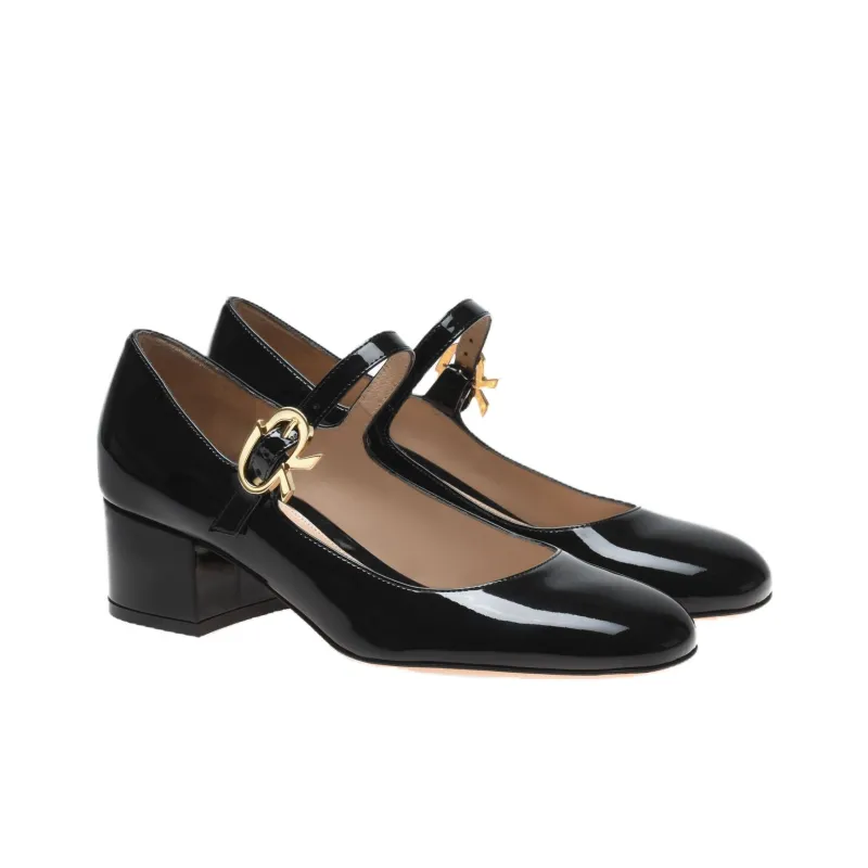 GIANVITO ROSSI Mary Ribbon Chunky Heel High Heels Women's Black-1