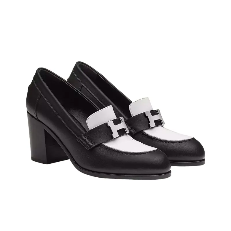 HERMES Dauphine 70 Chunky Heel High Heels Women's Black White-3
