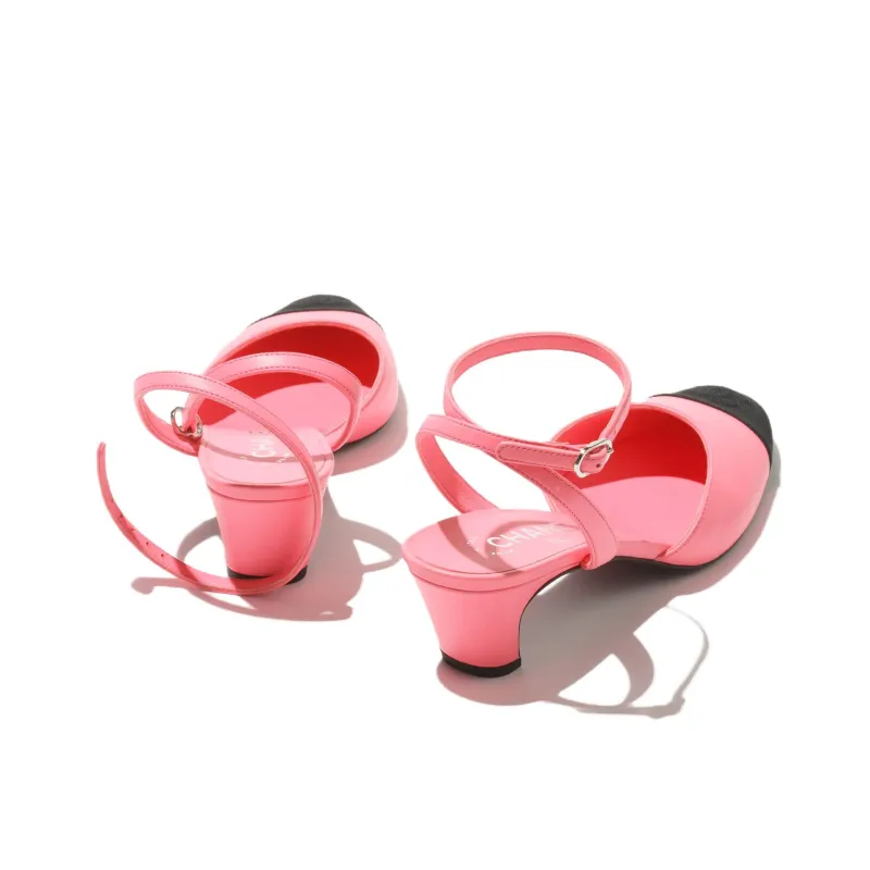 CHANEL Chunky Heel High Heels 4.5cm Women's Pink Black-3