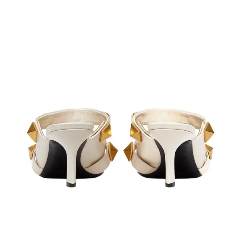 Valentino Roman Stud Block Heel High Heels 6.5cm Women's White-4