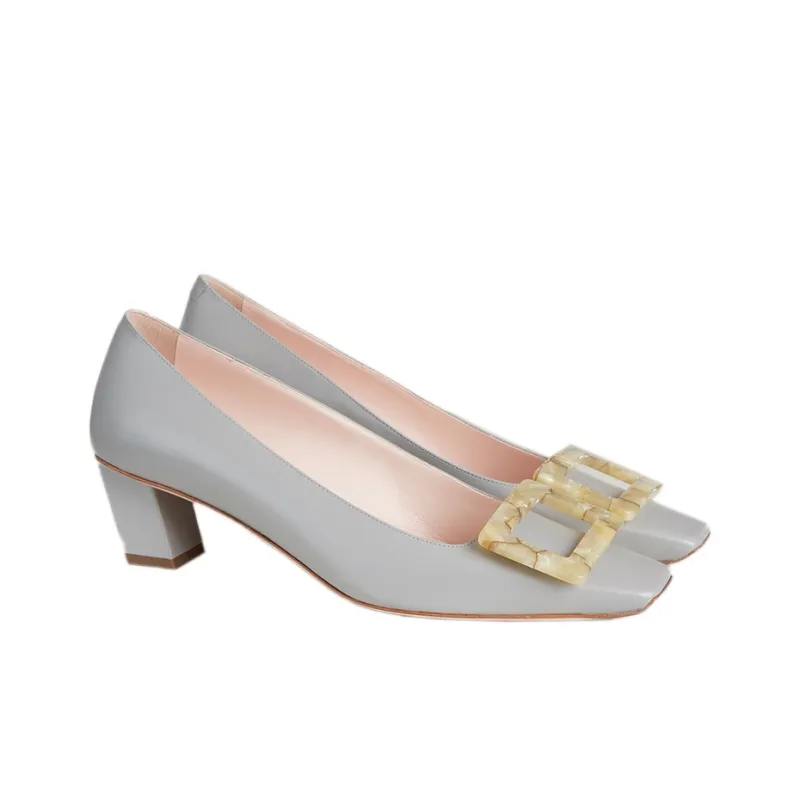 Roger Vivier Belle Vivier Motherpearl Buckle Chunky Heel High Heels 4cm Women's Gray-3