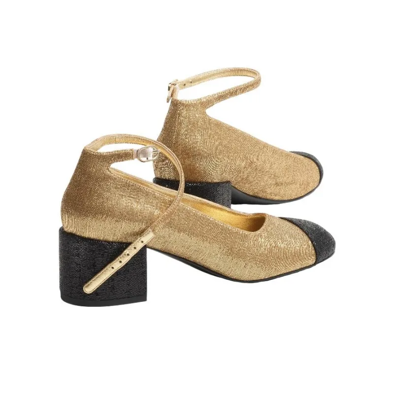 CHANEL Chunky Heel High Heels 5.5cm Women's Gold-3