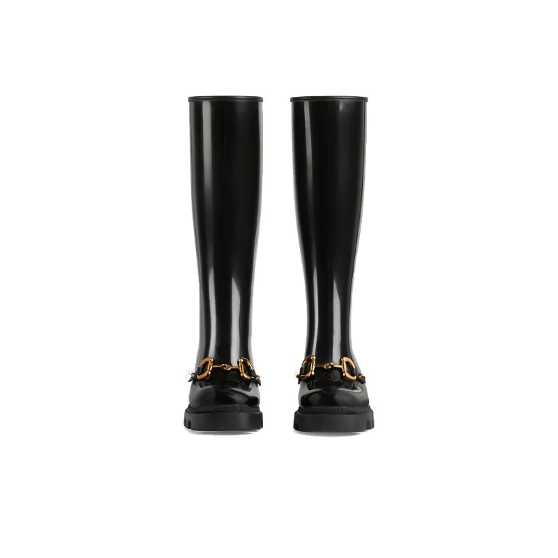 GUCCI Horsebit Knee High Boot Black Rubber Women's-3