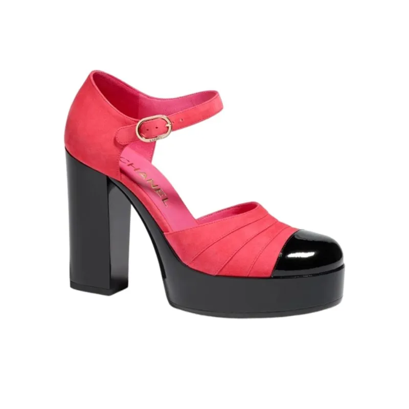 CHANEL Chunky Heel High Heels 11cm Women's Dark Pink-1