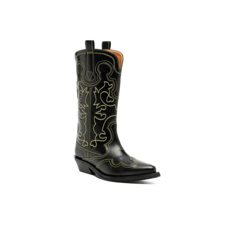 GANNI Contrast-stitch Leather Cowboy Boots-3