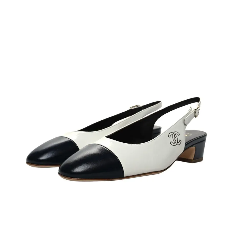 CHANEL Chunky Heel High Heels 3cm Women's Blue White-3