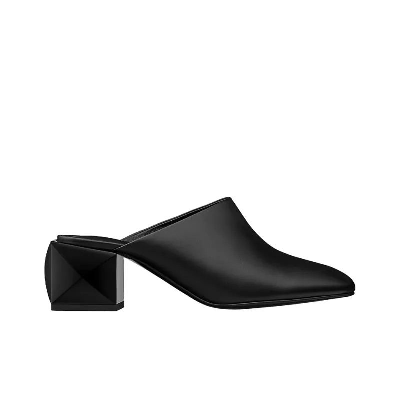 HERMES Block Heel Wrap-toe Slippers 5.5cm Women's Black-1