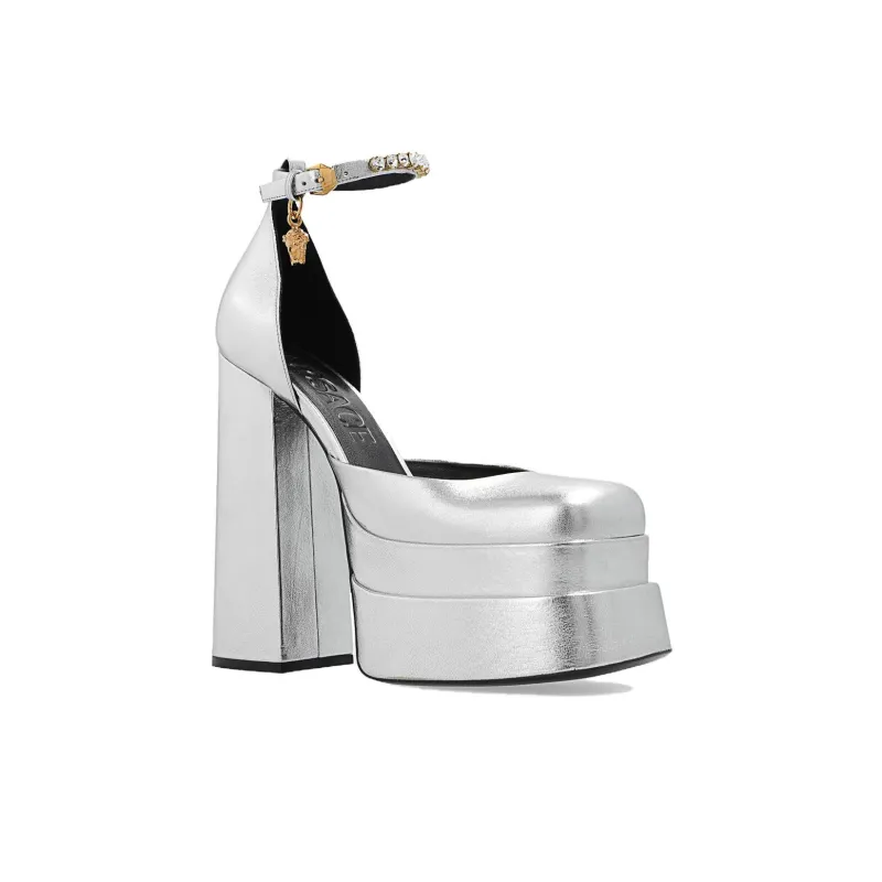 FANSIZHE Medusa Aevitas Chunky Heel High Heels Women's Silver-2