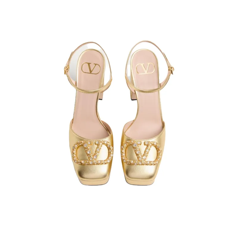 Valentino VLogo Chunky Heel High Heels 11.5cm Women's Gold-3