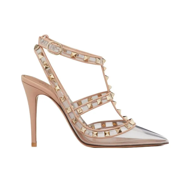 Valentino Rockstud Slim Heel High Heels 10cm Women's Transparent Pink-1