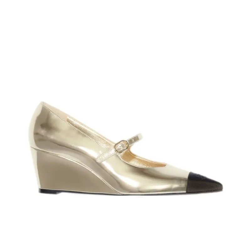 CHANEL Wedge Heel High Heels 6cm Women's Gold Black-1