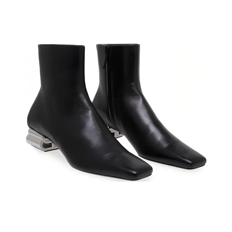 Balenciaga BB-Shaped Heel Leather Boot Black Silver Women's-2