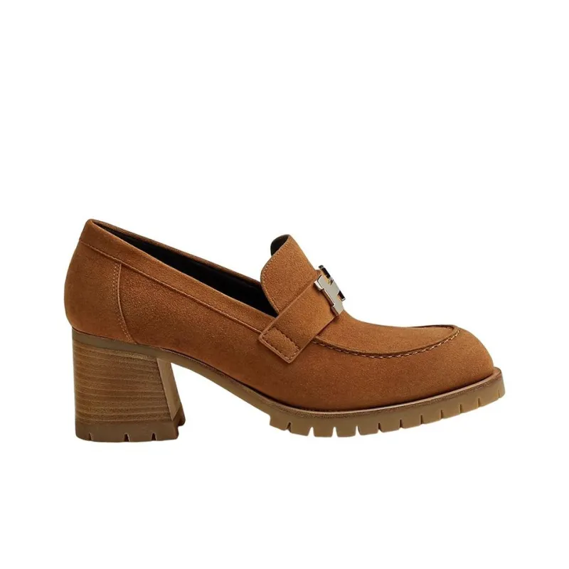 HERMES Chunky Heel High Heels 6cm Women's Brown-1