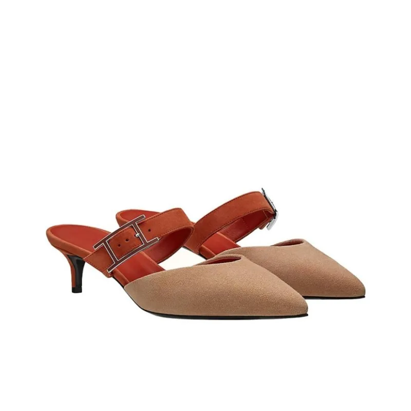 HERMES Blink Slim Heel Wrap-toe Slippers Women's Brown-1