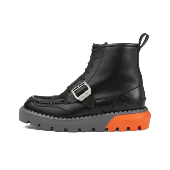 GUCCI Lace Up Boot Buckle Black Orange