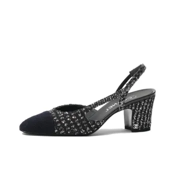 CHANEL Chunky Heel High Heels 6.5cm Women's Black Silver Blue