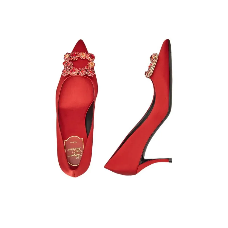 Roger Vivier Flower Strass High Heels 6.5cm Women's Red-6