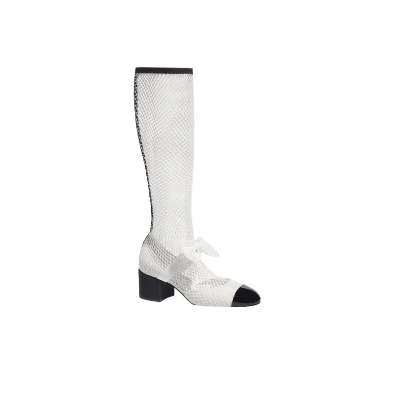 CHANEL Resille 55mm Knee High Mary Janes White Black Patent Calfskin Women's-1