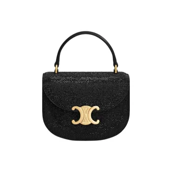 CELINE Besace Rhinestone Calfskin One Shoulder Handbag Mini Women's Black