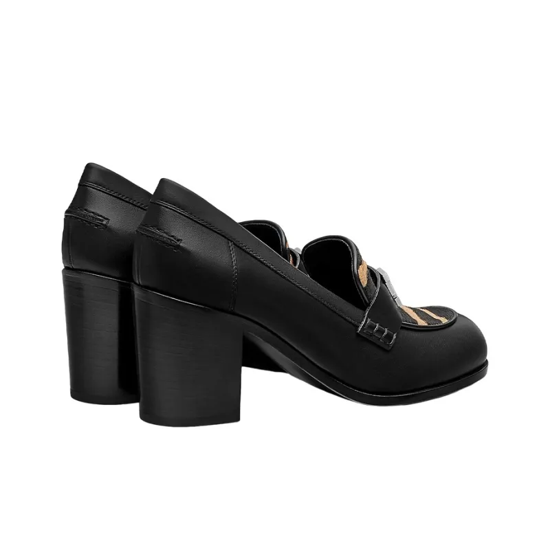 HERMES Dauphine 70 Chunky Heel High Heels 7cm Women's Black Brown-4
