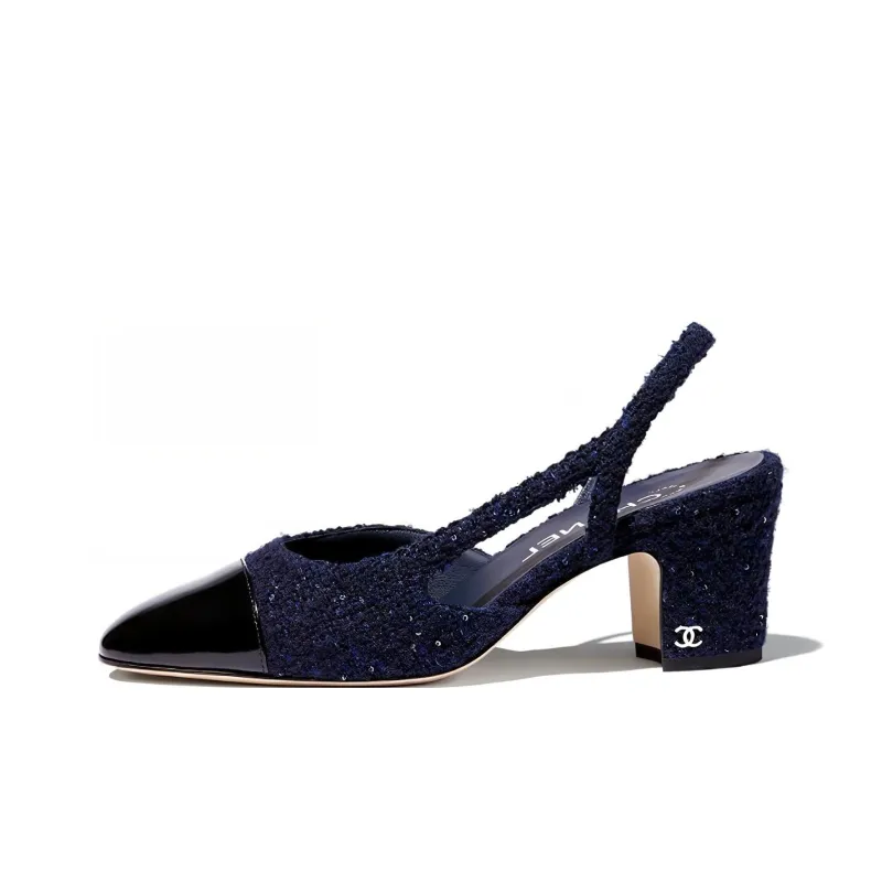CHANEL Chunky Heel High Heels Women's Marine Blue-0