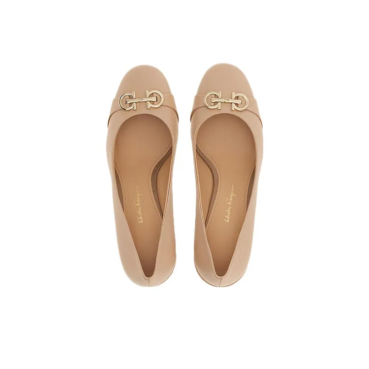 FERRAGAMO Gancini Chunky Heel High Heels 5.5cm Women's Beige-3