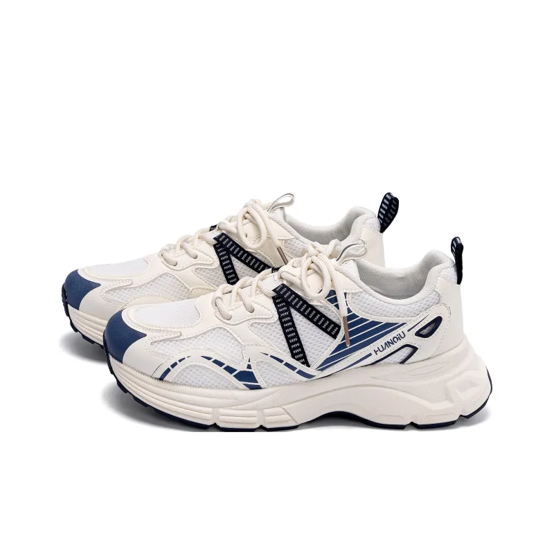 HUANQIU Height Increasing Anti Slip And Wear Resistant Low Top Chunky Sneakers Men's White Beige Blue-1